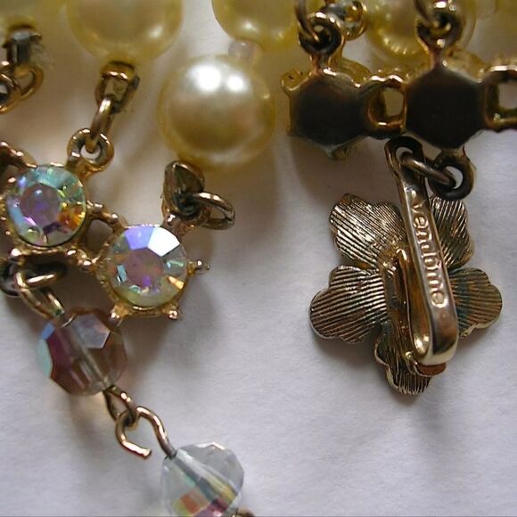 Vendome Vintage Amber & Clear Aurora Borealis Faux Pearls 3 Strand Bead Necklace - Picture 5 of 6